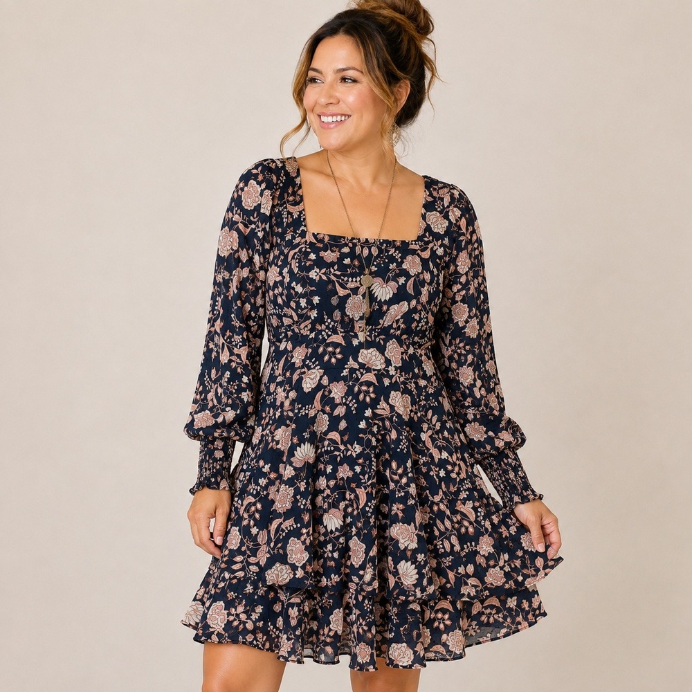 Ever After Women M Floral Dress Square Neck Tiered Ruffle Dark Fairy Cottagecore